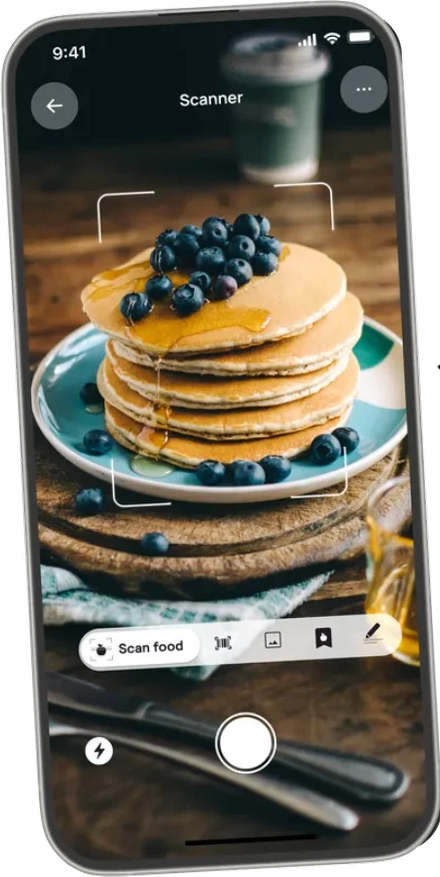 Calorie tracking app scanning a photo of a meal for calories, protein, carbs and fat