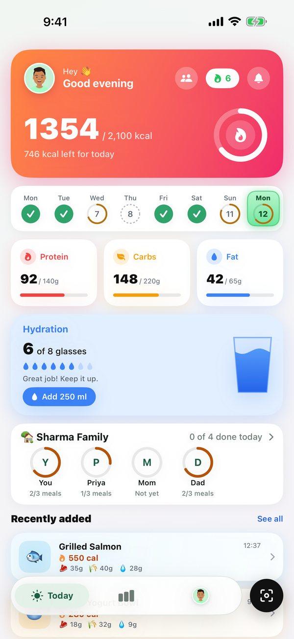 PocketCalorie Today screen with the Sharma Family strip showing each member's meals so far